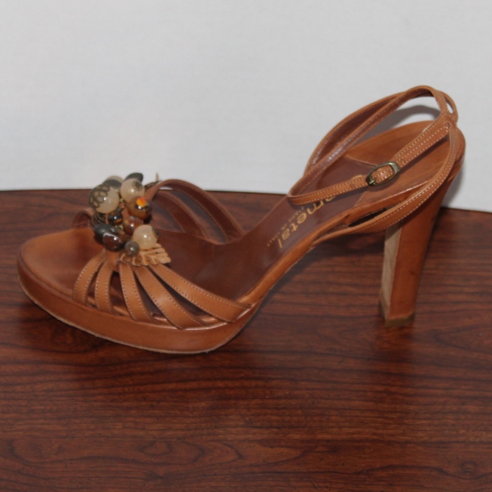 GUNMETAL brown leather jeweled heels